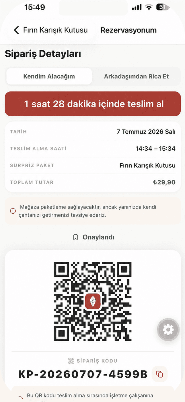 Sipariş detayları — QR kod ile teslim alma