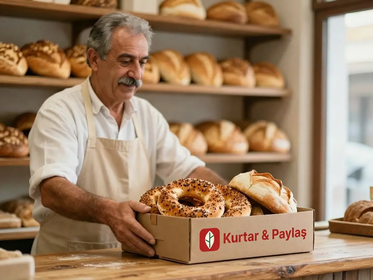 Fırıncı, Kurtar & Paylaş kutusunu tezgaha koyuyor