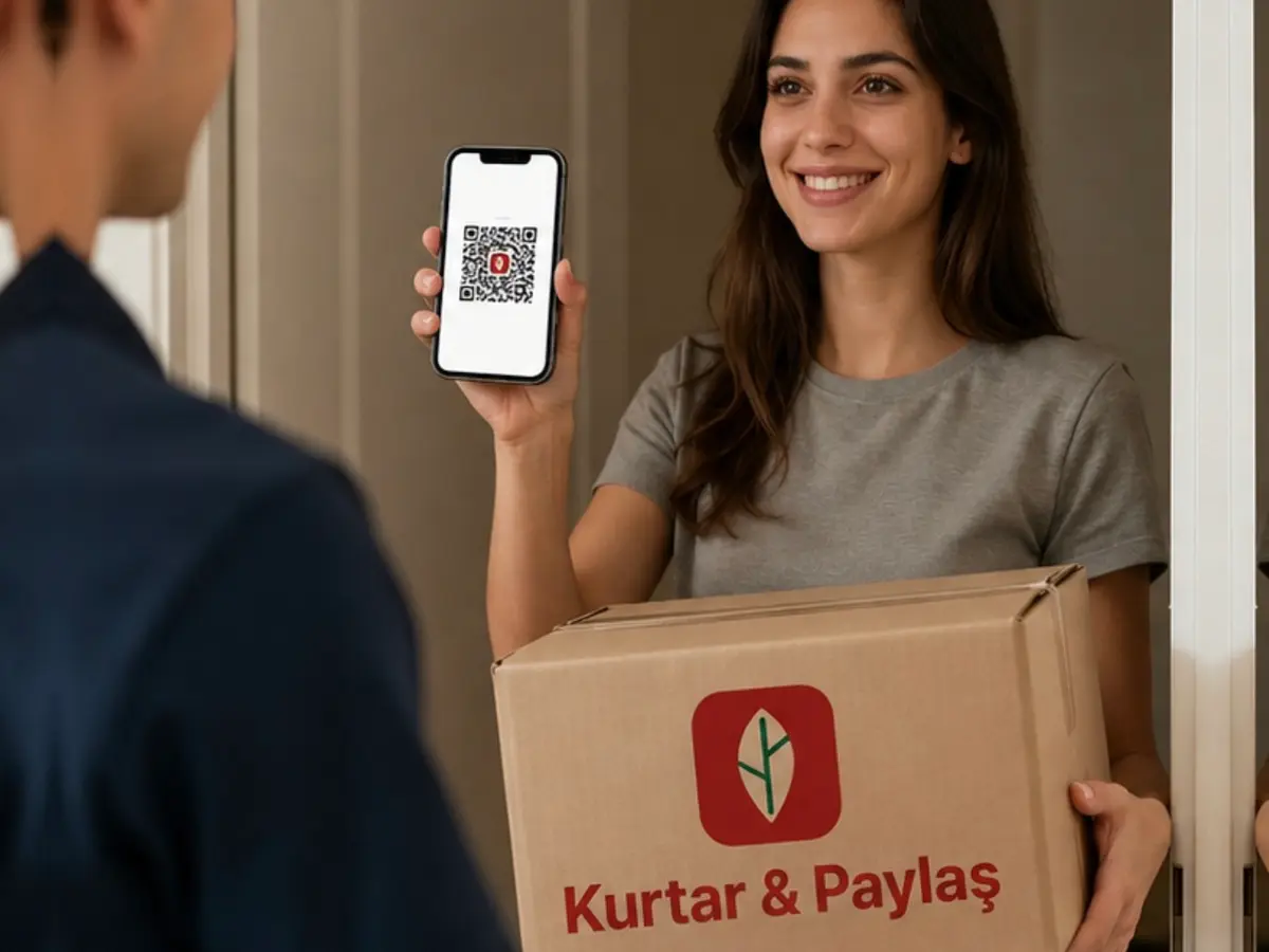 Kurye kapında Kurtar & Paylaş paketini teslim ediyor